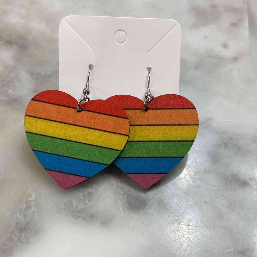 Wooden Rainbow Heart Earrings